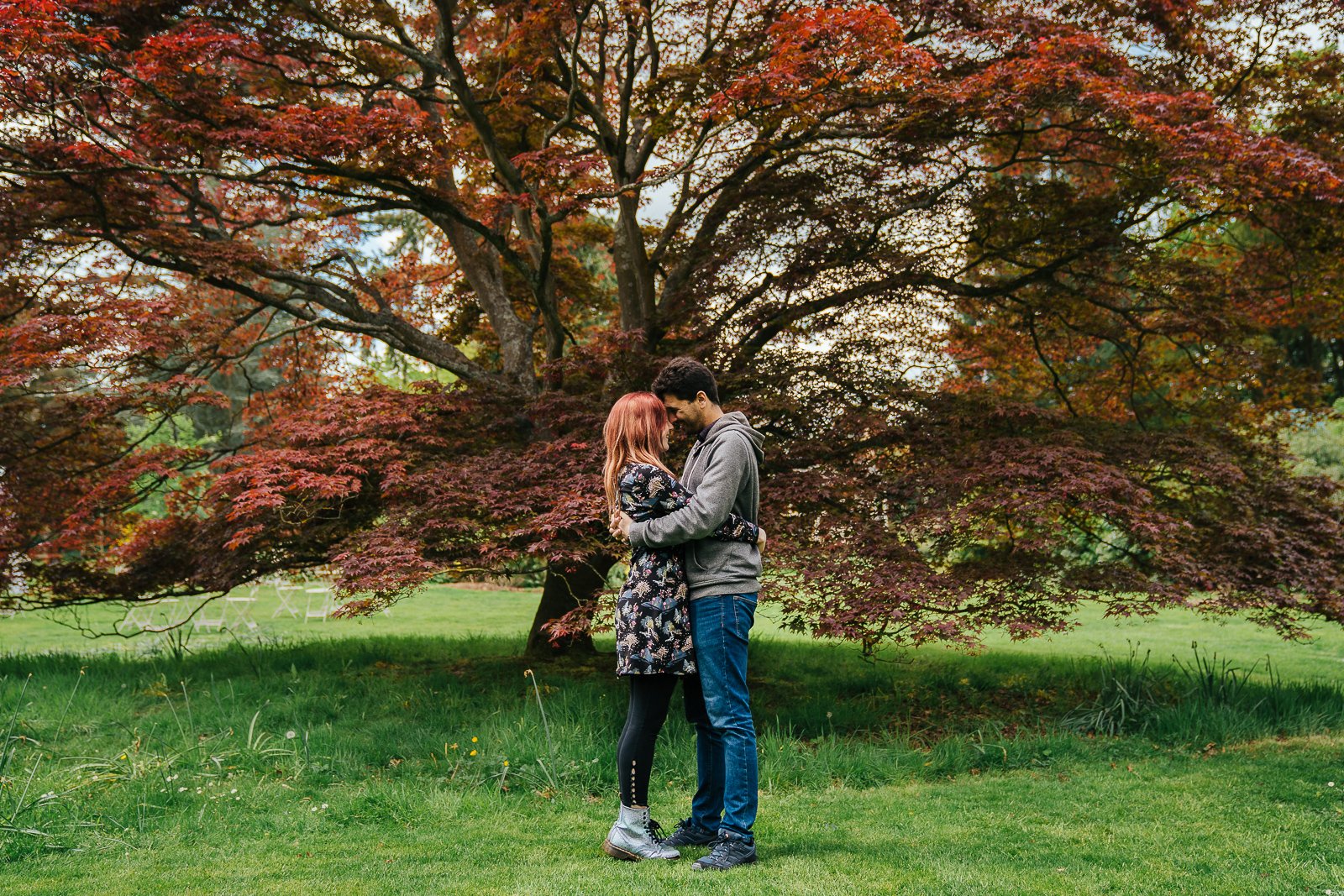 Couple hugging infront of red acer in Swiss Garden pre wedding shoot