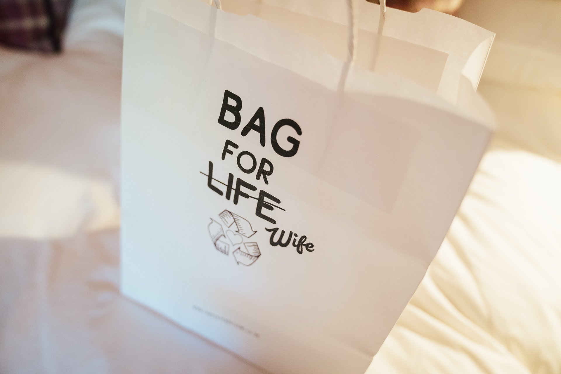 Wedding present bag for bride labelled Bag for Wife