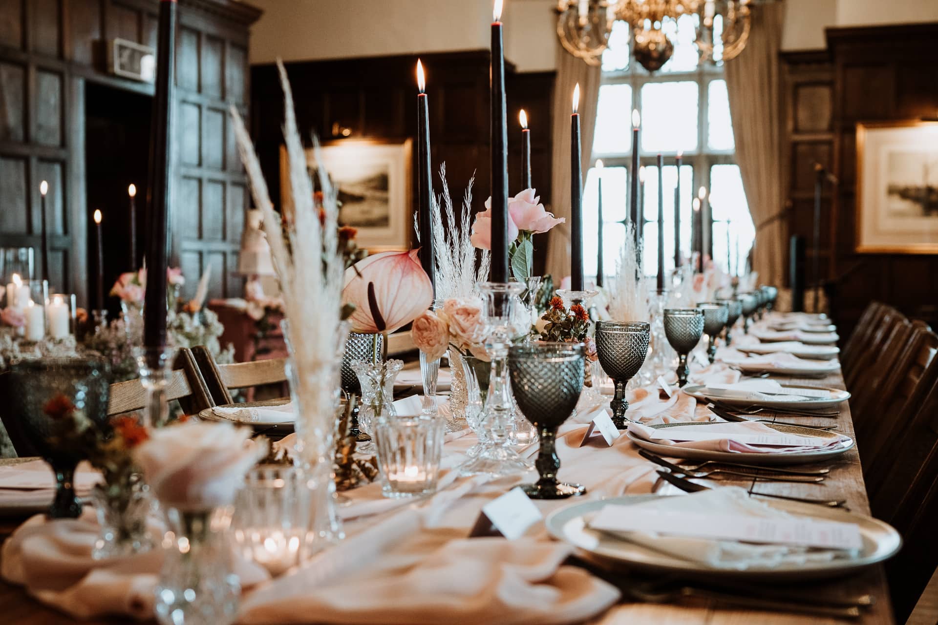 Wedding Breakfast crockery, glassware and cutlery set up in Eastwell Manor