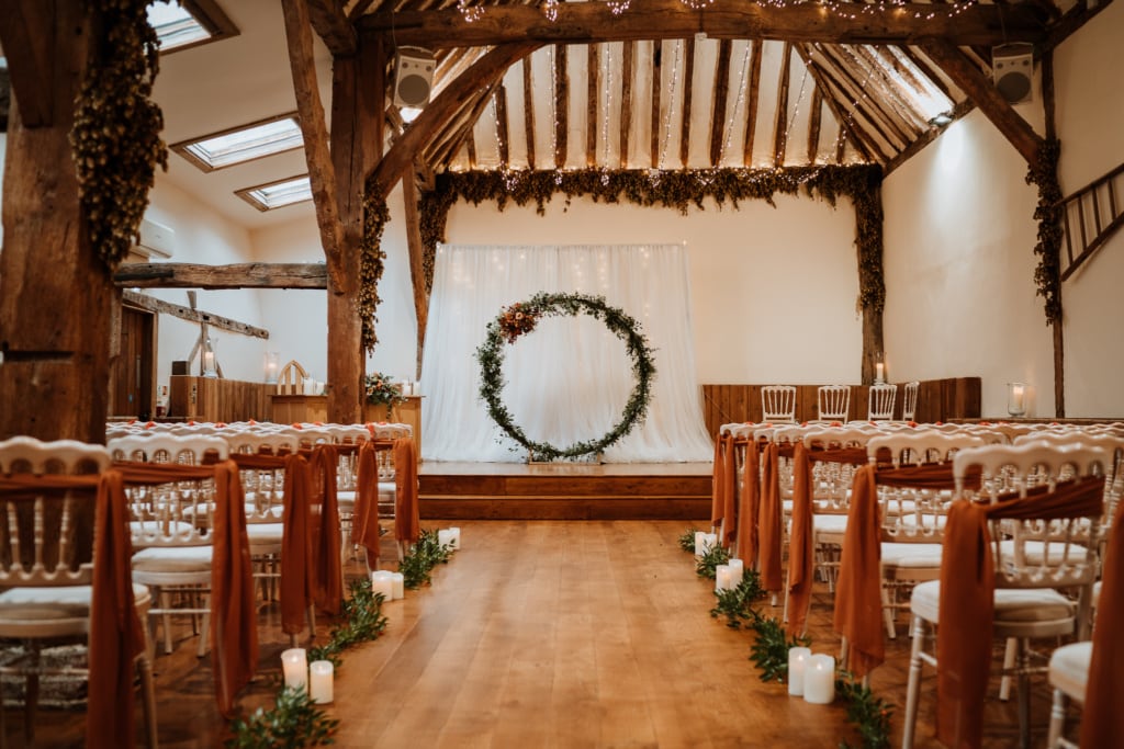 The inside of Winters Barns in Canterbury which is a wedding venue in Kent 