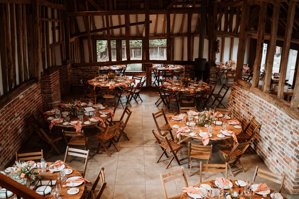 Inside of The Oak Barn at Frame Farm in Benenden which is a wedding venue in Kent