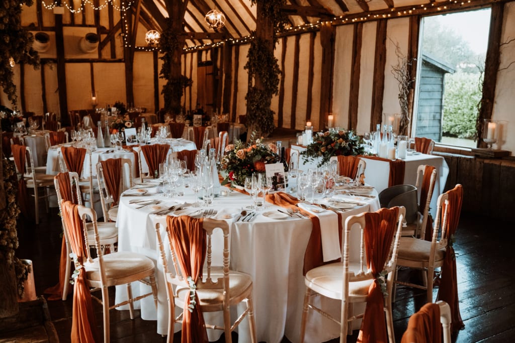 The indoor wedding breakfast space at Winters Barn in Kent