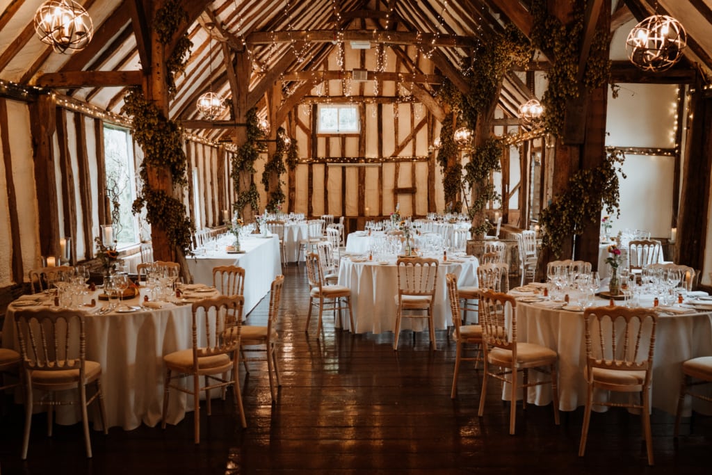The wedding breakfast space at Winters Barn in Kent